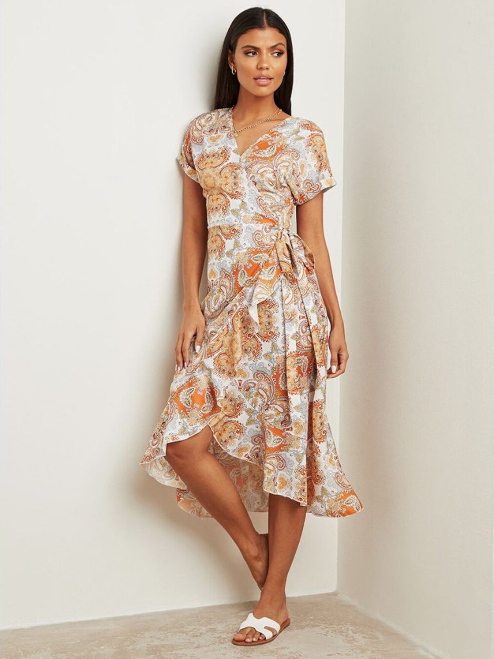 SHEIN Paisley Print Adjustable V-Neck Wrap Midi Dress in Orange and Cream Sz S
